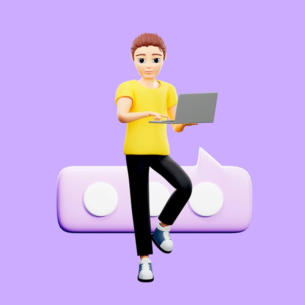 Foto ilustración de trama de un hombre que sostiene una computadora portátil cerca de las burbujas del discurso. un joven con una camiseta amarilla chateando en las redes sociales pensando en el trabajo. representación de obras de arte en 3d para negocios y publicidad.
