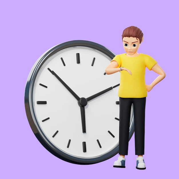 Ilustración de trama de hombre con reloj Chico joven en una camiseta amarilla mira reloj de pulsera tiempo reloj de pared gestión del tiempo hora minuto segundo Concepto de puntualidad 3d renderizar ilustraciones para negocios