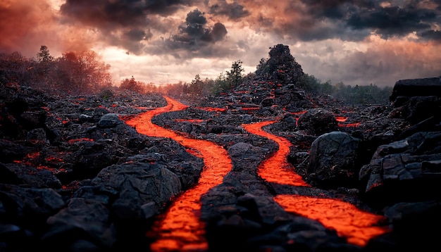 Foto ilustración de trama de magma caliente que fluye en el suelo picos de montaña en nubes de humo y ceniza lava al rojo vivo desastre natural peligro fuego cataclismo belleza de la naturaleza fondo de arte 3d