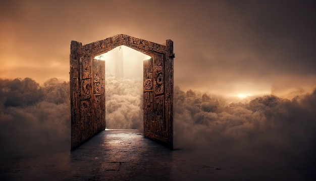 Ilustración de trama de la puerta celestial alta rodeada de nubes Delicados colores pastel camino al cielo otro portal del mundo realismo mágico vida futura reencarnación tallado decoración 3D ilustraciones