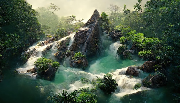 Ilustración de trama de río de montaña en la selva tropical Rápidos en agua flujo rápido selva árbol de hoja perenne clima cálido rocas piedras Concepto de paisaje natural Ilustración de renderizado 3D para negocios