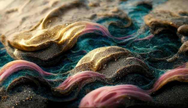 Ilustración de trama de salpicaduras de textura de agua Color de onda con arena brisa marina bebida de espuma de mar mezcla de ondas multicolores y remolinos de oro Fondo de trama de representación de arwork 3D