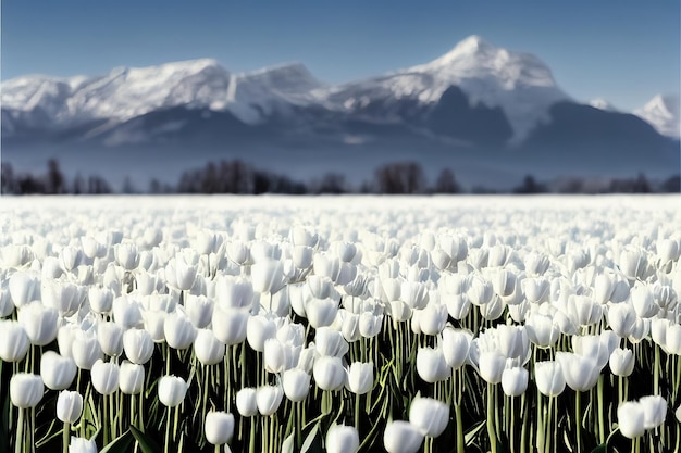 Ilustración de trama de tulipanes blancos a través de tierras altas rocosas nevadas Campos de montaña naturaleza cordilleras arroyo salvaje desierto hierba arbustos Belleza de la naturaleza concepto 3d render