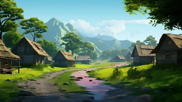 La ilustración de la tranquila aldea representa una exuberante y refrescante escena matinal