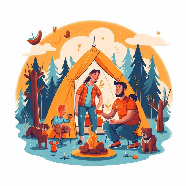 Ilustración de un trazo negro de una página de aterrizaje para web camping paisaje tienda de flores árbol generativo ai