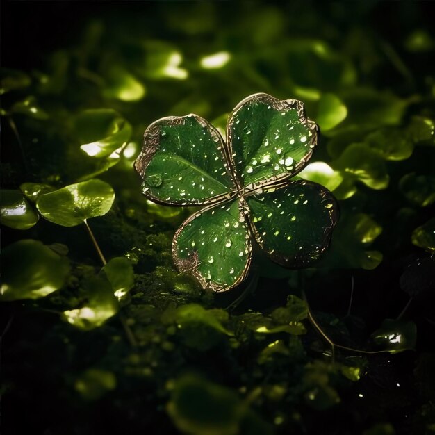 Ilustración de un trébol verde de cuatro hojas en el medio de un racimo de tréboles verdes con gotas de rocío de agua El trébol verde con cuatro hojas es el símbolo del Día de San Patricio