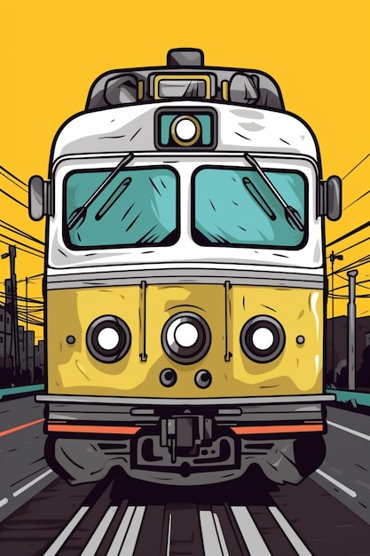 Foto ilustración de un tren amarillo y blanco viajando por las vías generativa ai