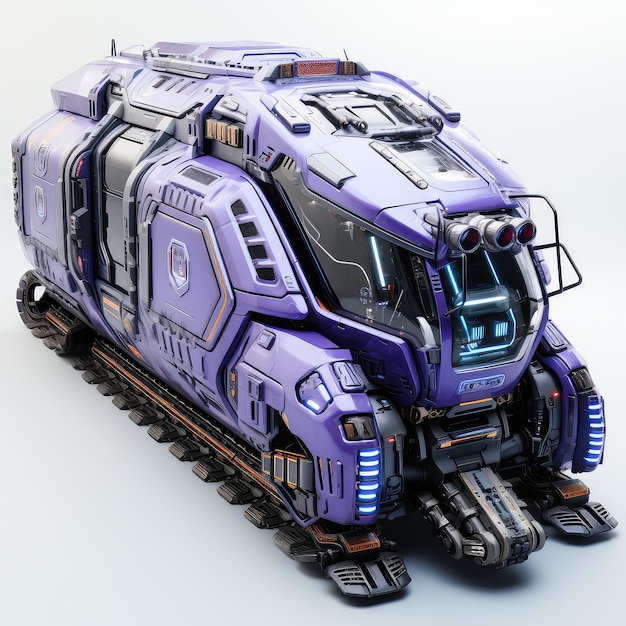 Ilustración tren blindado azul púrpura blanco ciberpunk mostrando