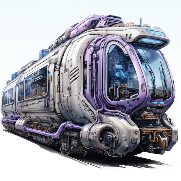Ilustración tren blindado azul púrpura blanco exhibición cyberpunk
