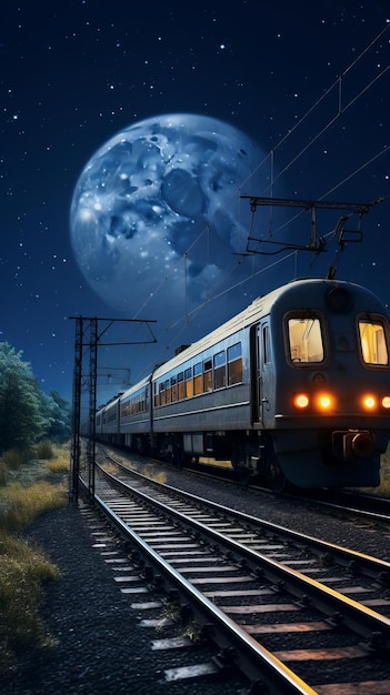 Ilustración de un tren bajo la luna llena en una noche oscura