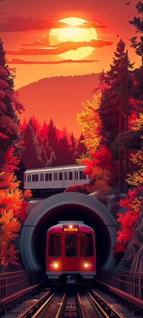 Ilustración de un tren saliendo del túnel vista nocturna en las montañas