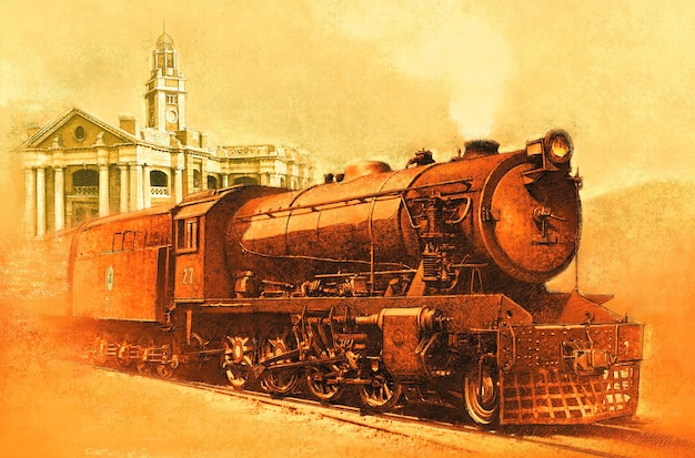 Ilustración de tren de vapor histórico de locomotora de vapor antigua