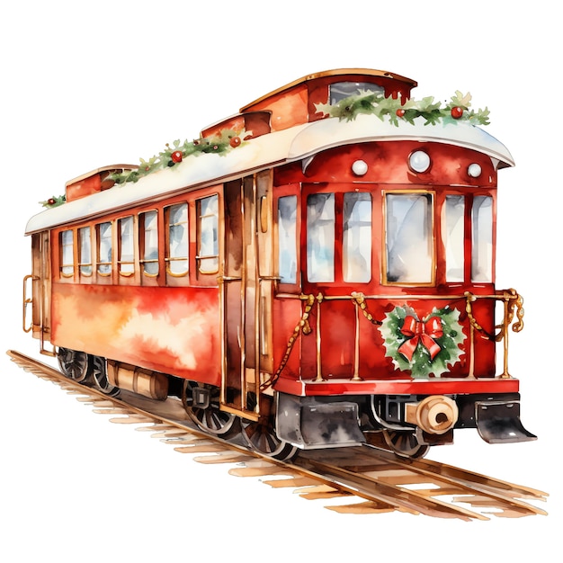 Ilustración de trenes con temas de Navidad en acuarela para Navidad