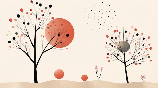 una ilustración de tres árboles con hojas rojas y negras