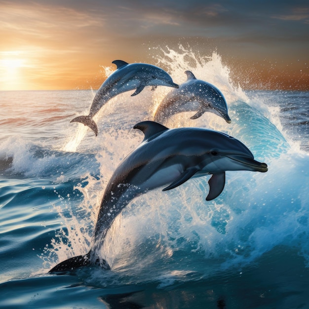 Foto ilustración de tres delfines saltando del agua al atardecer