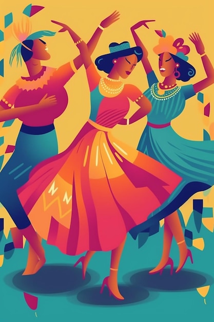 Foto ilustración de tres mujeres con vestidos coloridos bailando en un círculo generativo ai