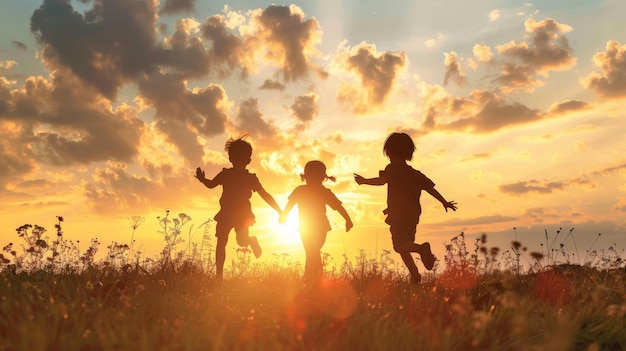 Una ilustración de tres niños jugando en un campo al atardecer. Están disfrutando de la naturaleza y preparándose para la escuela.
