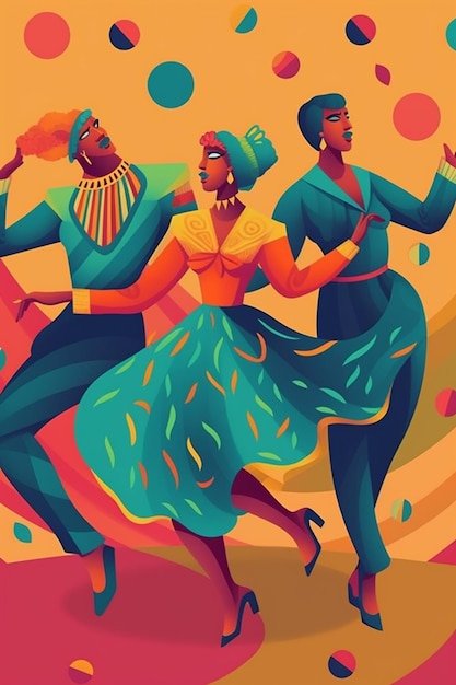 Foto ilustración de tres personas bailando en un colorido ai generativo