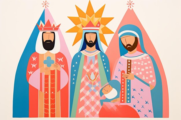 Ilustración de los tres reyes o hombres sabios de la natividad de Navidad