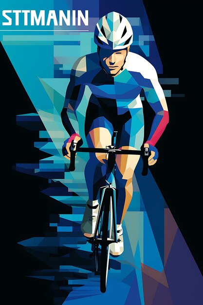 Foto ilustración triatlón carrera resistencia y versatilidad color de tonos frescos sche plano póster de arte deportivo 2d