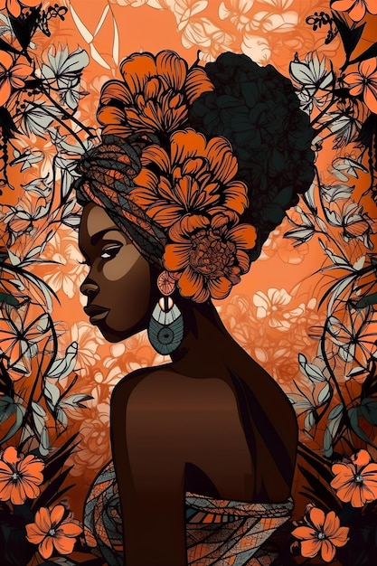 Ilustración Tribal hermosa mujer afroamericana combinada con flores Póster Portada libro para colorear