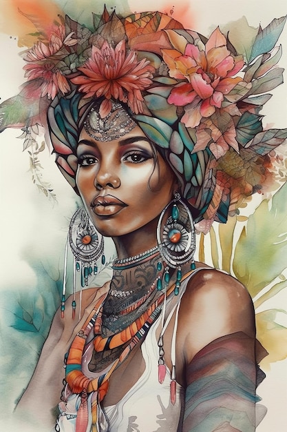 Ilustración Tribal hermosa mujer afroamericana combinada con flores Póster Portada libro para colorear