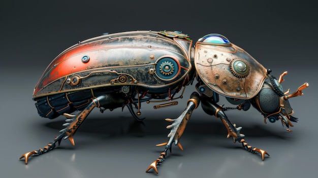 Ilustración tridimensional de un escarabajo ornamental mecánico steampunk de bronce con engranajes de reloj