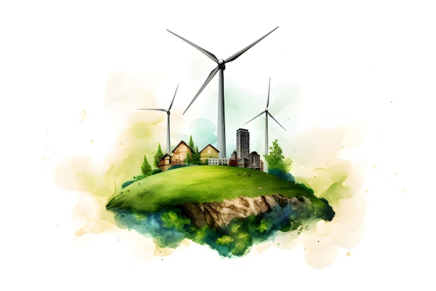Ilustración de turbinas eólicas energía verde para la ciudad fondo blanco IA generativa 3