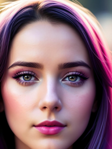 Ilustración ultra realista de la cara de primer plano de una joven con cabello morado y azul