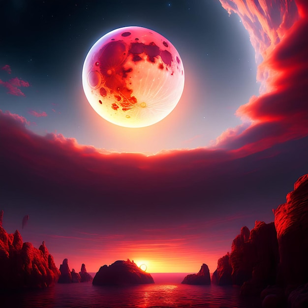 Ilustración ultrarrealista en 3D de una luna roja sobre el horizonte con nubes