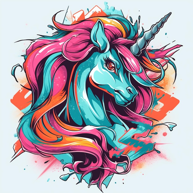 Ilustración de un unicornio colorido con una ai generativa de melena larga.