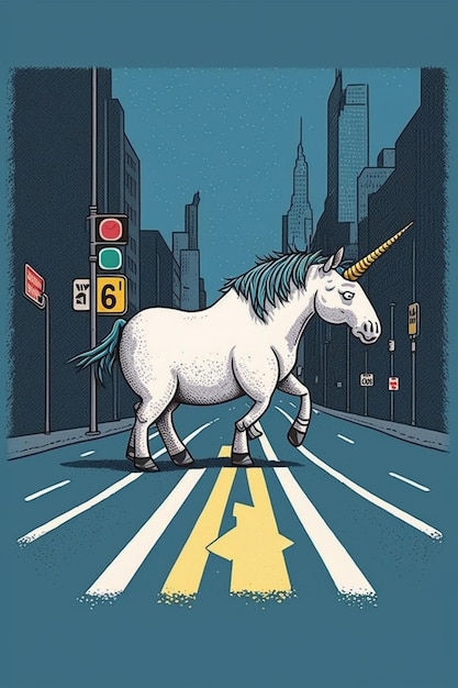 Ilustración de un unicornio cruzando la calle en la ciudad generativa ai