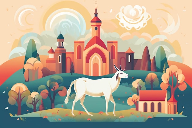 Una ilustración de un unicornio y una iglesia.