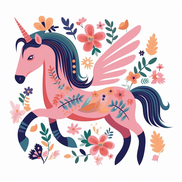 ilustración de un unicornio con un patrón floral en su cuerpo generativo ai