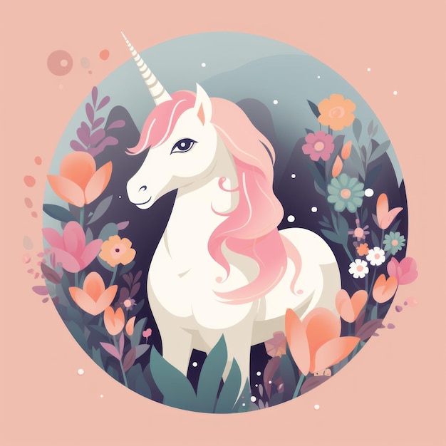 una ilustración de un unicornio rodeado de flores