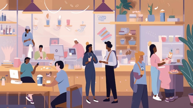 Ilustración de usuarios en una cafetería para una empresa moderna