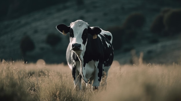 Ilustración de una vaca caminando en un pasto en busca de alimento en el jardín