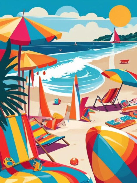 la ilustración de vacaciones de verano en la playa del pop art