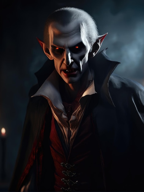 Ilustración de un vampiro ultra realista en una dramática niebla ligera