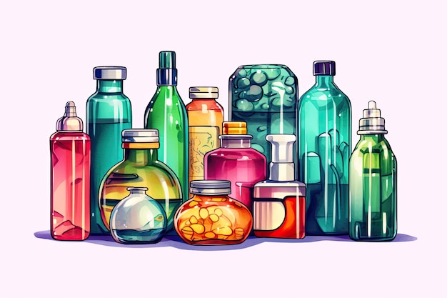 Foto ilustración de varias botellas de pet de colores y envases de cosméticos generativos ai