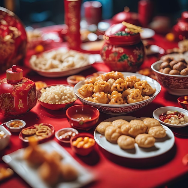 Foto ilustración de varios alimentos en una mesa en la víspera de la celebración del año nuevo chino