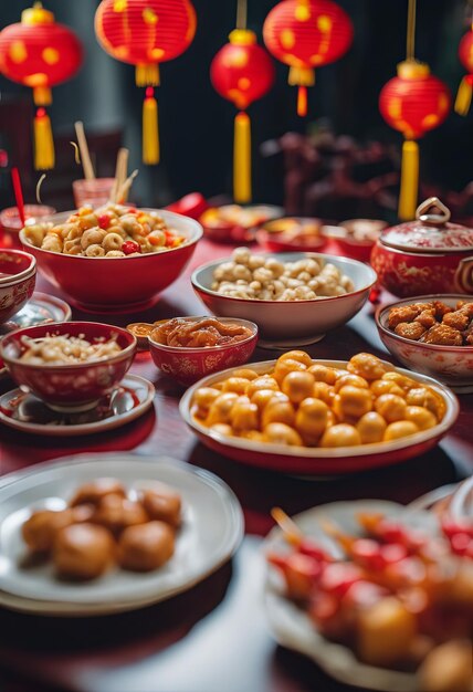 Foto ilustración de varios alimentos en una mesa en la víspera de la celebración del año nuevo chino
