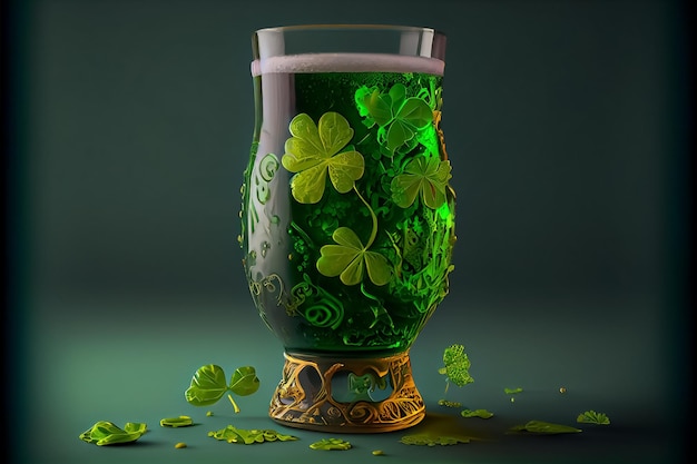 Foto ilustración de un vaso de cerveza y un trébol verde