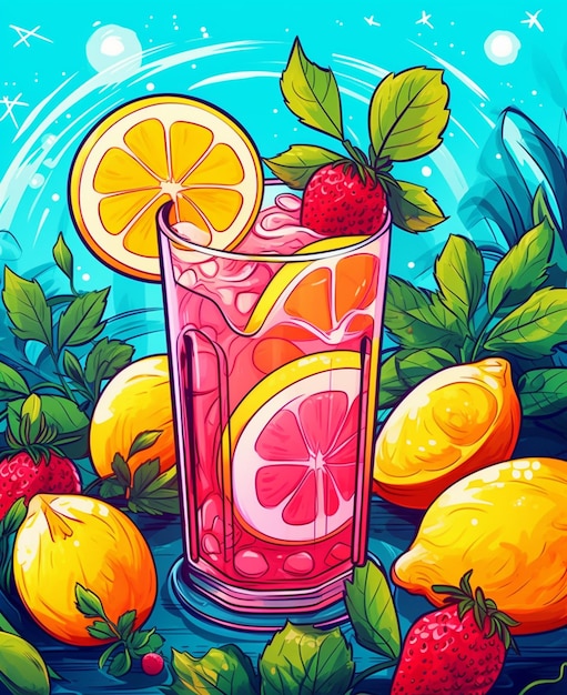 ilustración de un vaso de limonada con fresas y limones ai generativo