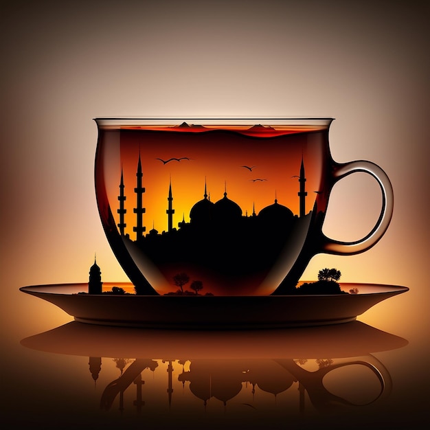 Ilustración de un vaso de té turco con la silueta de una mezquita en un fondo de puesta de sol
