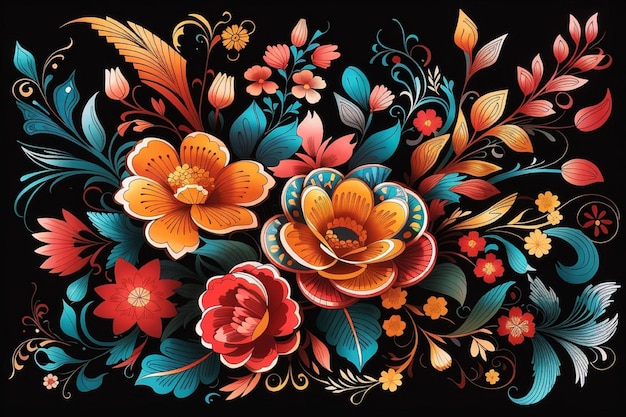 Ilustración de vector 2d conjunto de flores y hojas de colores