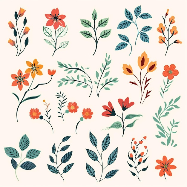 Ilustración de vector 2d conjunto de flores y hojas de colores