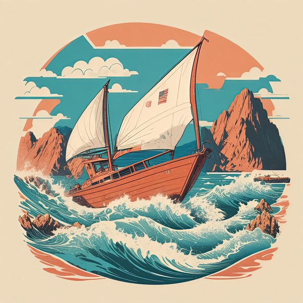 ilustración, vector, camiseta, colorido, mar, isla, montaña, diseño