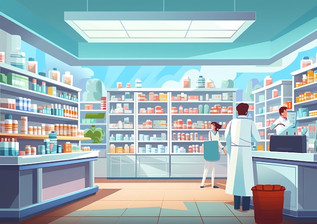 Ilustración de vector de farmacia interior