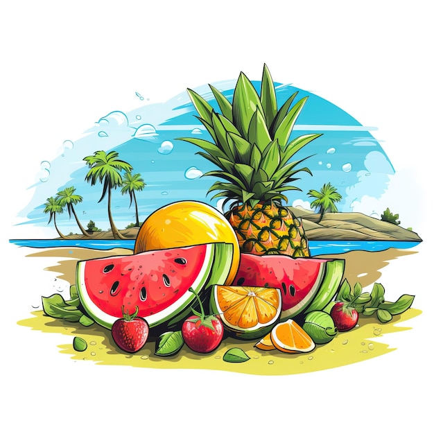 Ilustración de vector de fruta en una isla tropical con fondo blanco